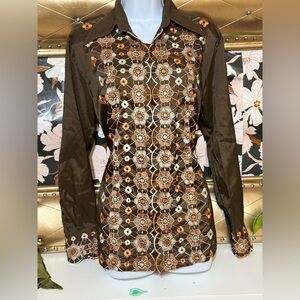 Vintage Size M 1970s disco floral embroidered button shirt brown retro hippy